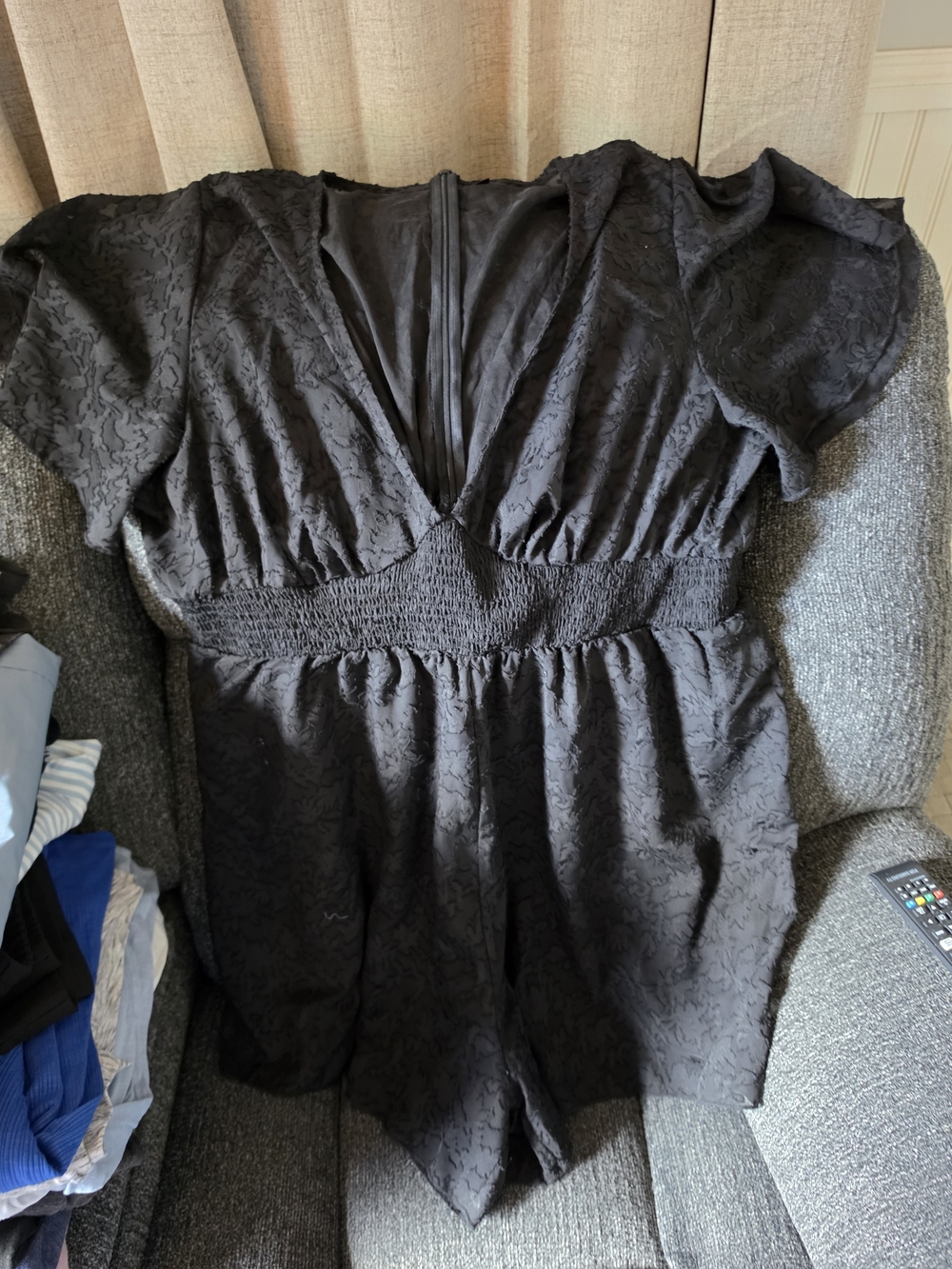 SHEIN Black Textured V-Neck Smocked Waist Romper